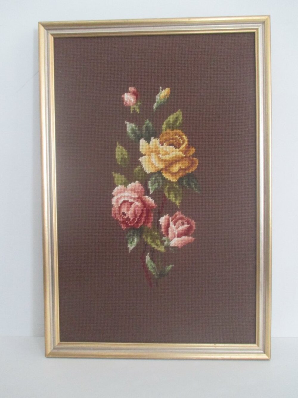 Vintage Framed Needlepoint 3 Roses 16 x 23.5